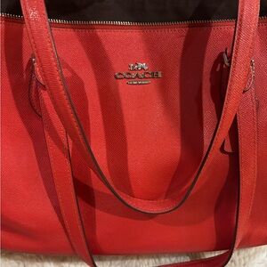 Coach Red Saffiano Leather Tote Zip Top Shoulder Bag Large Work Bag